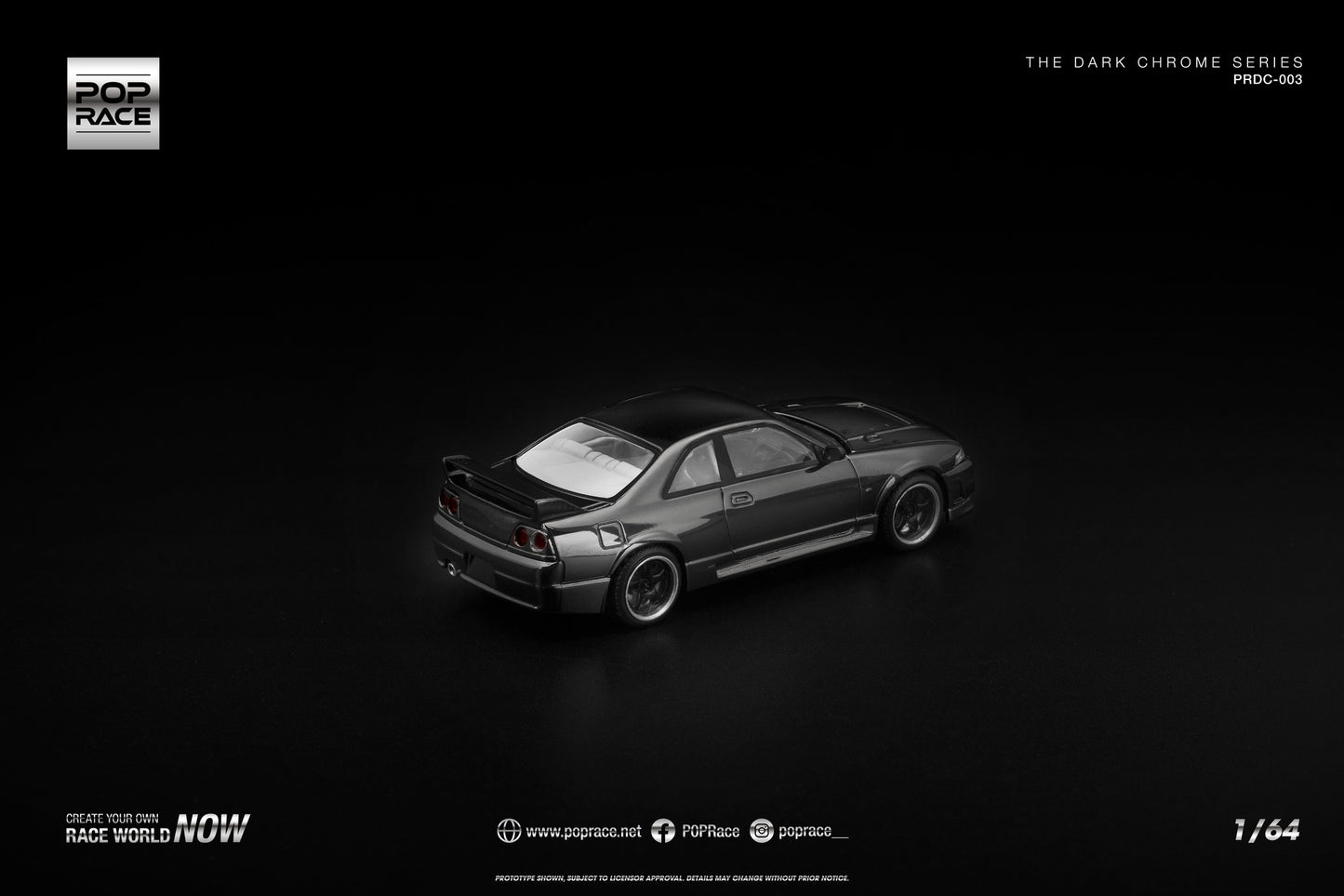 POP Race 1:64 Skyline R33 GT-R Dark Chrome collectible diecast car. Back