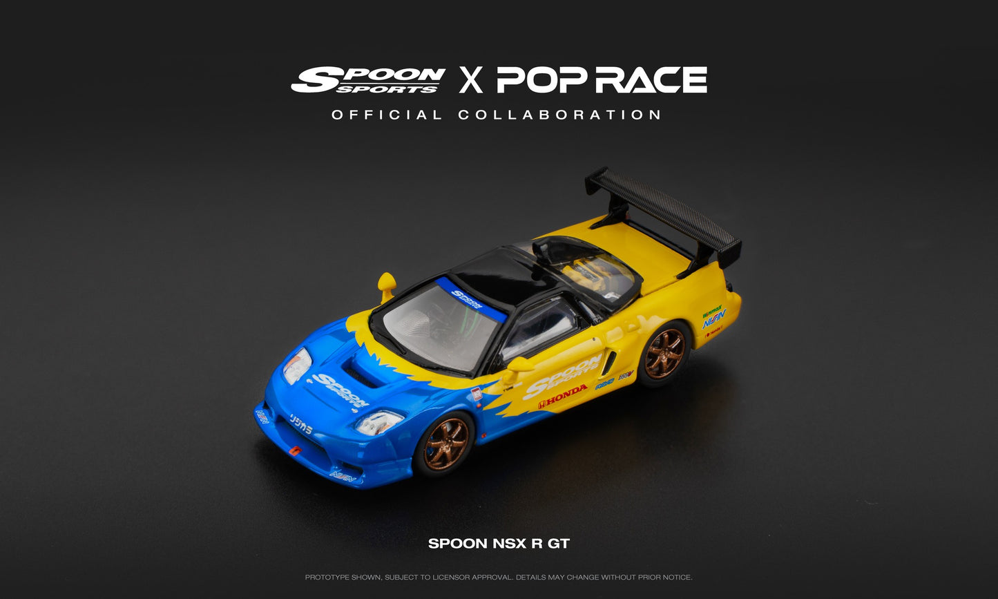 POP Race Spoon NSX-R GT yellow and blue livery 1:64 scale model car. Front