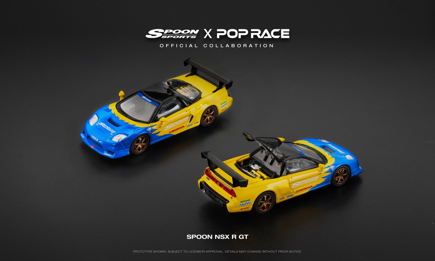 POP Race Spoon NSX-R GT yellow and blue livery 1:64 scale model car. Top