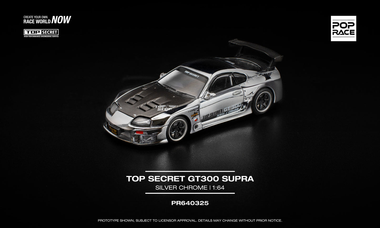 POP Race 1:64 Top Secret GT300 Supra Silver Chrome diecast model car with racing livery. Front