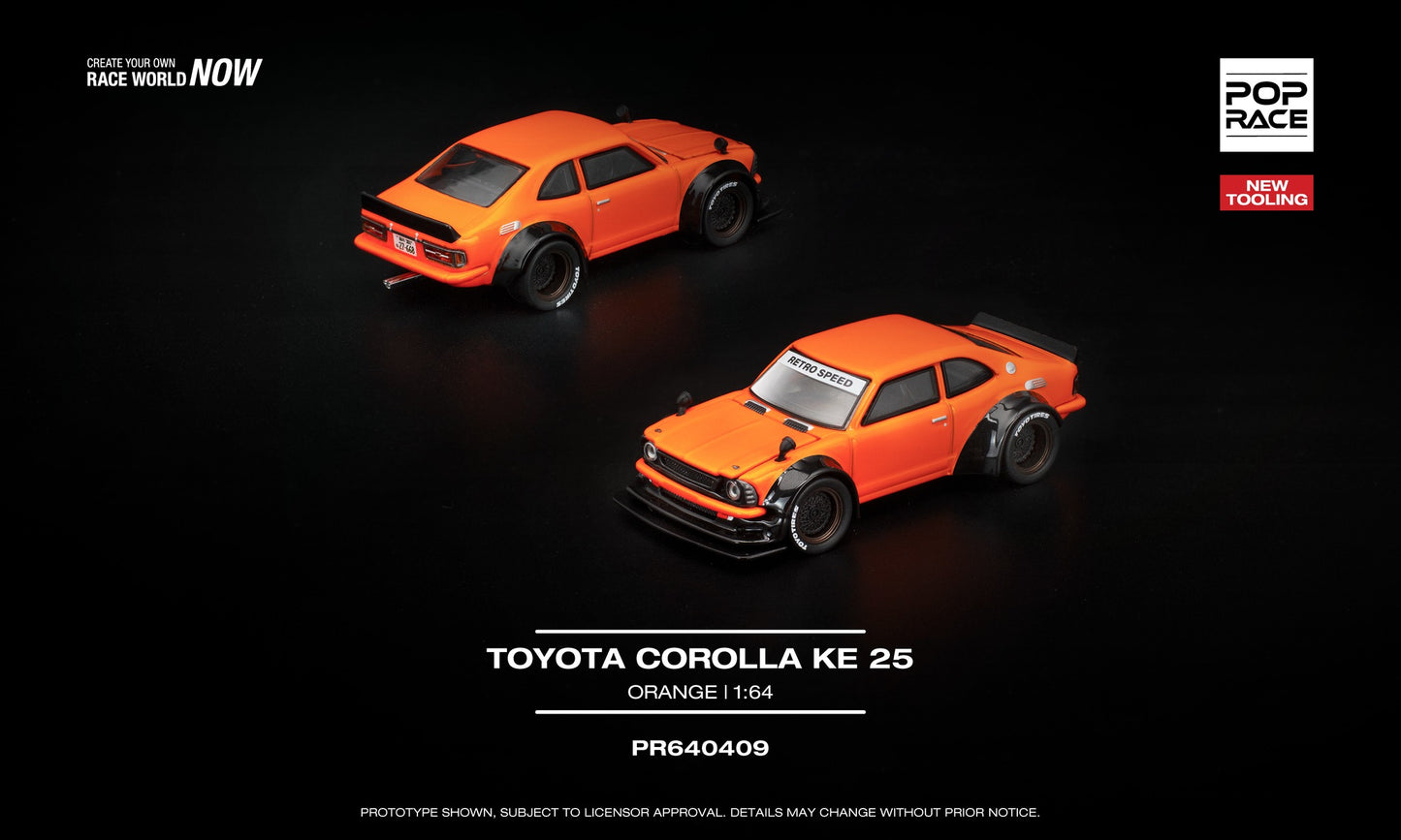 POP Race 1:64 Toyota Corolla KE25 in bright orange with wide-body fenders, carbon-look aero kit, black accents, and open hood showing detailed engine.