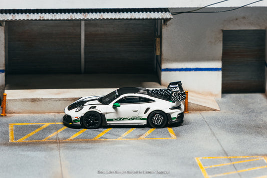 Tarmac Works Collab64 Porsche 911 GT3 RS Manthey Racing in white.