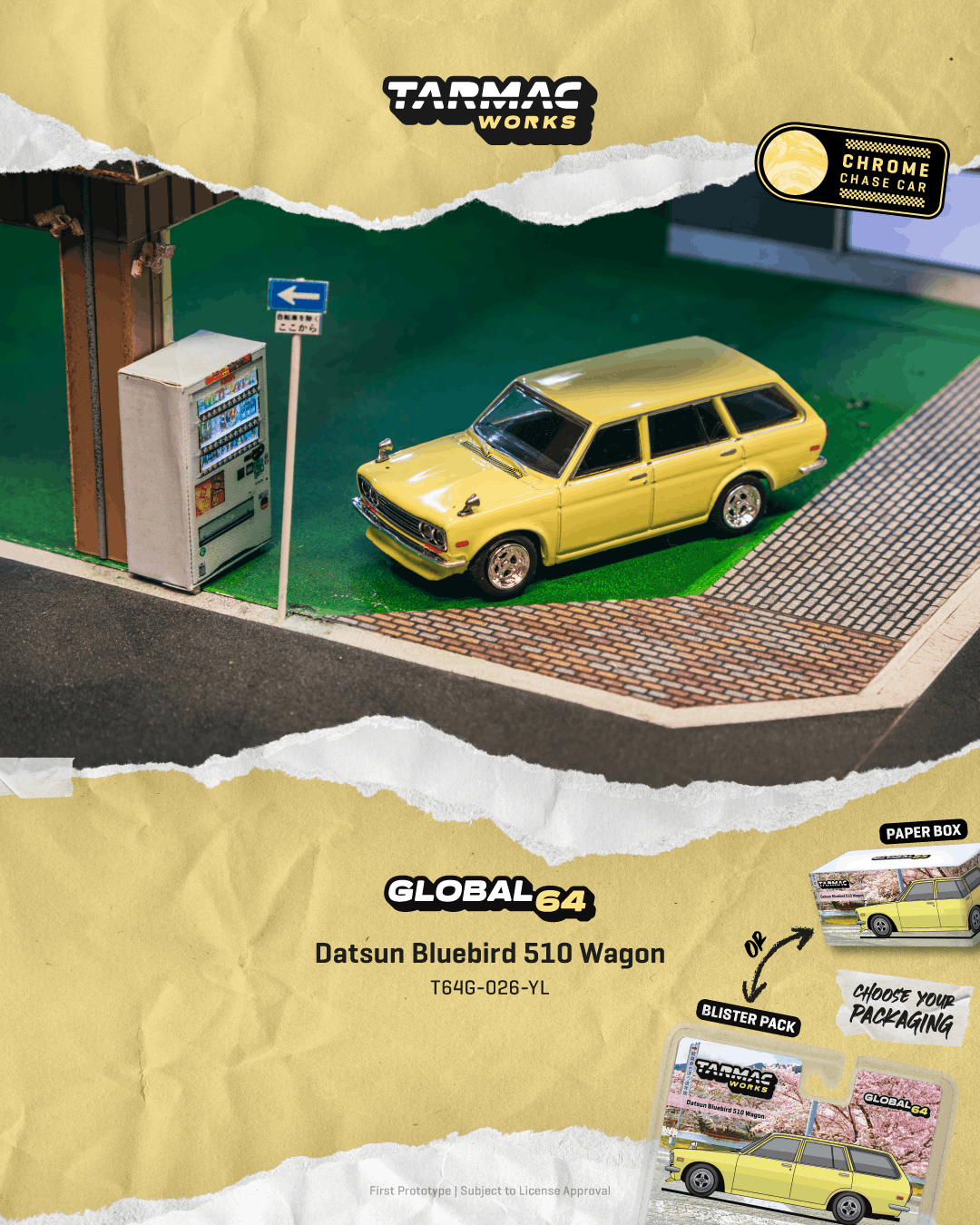 Tarmac Works 1:64 Datsun 510 Bluebird Wagon 1973 yellow diecast model
