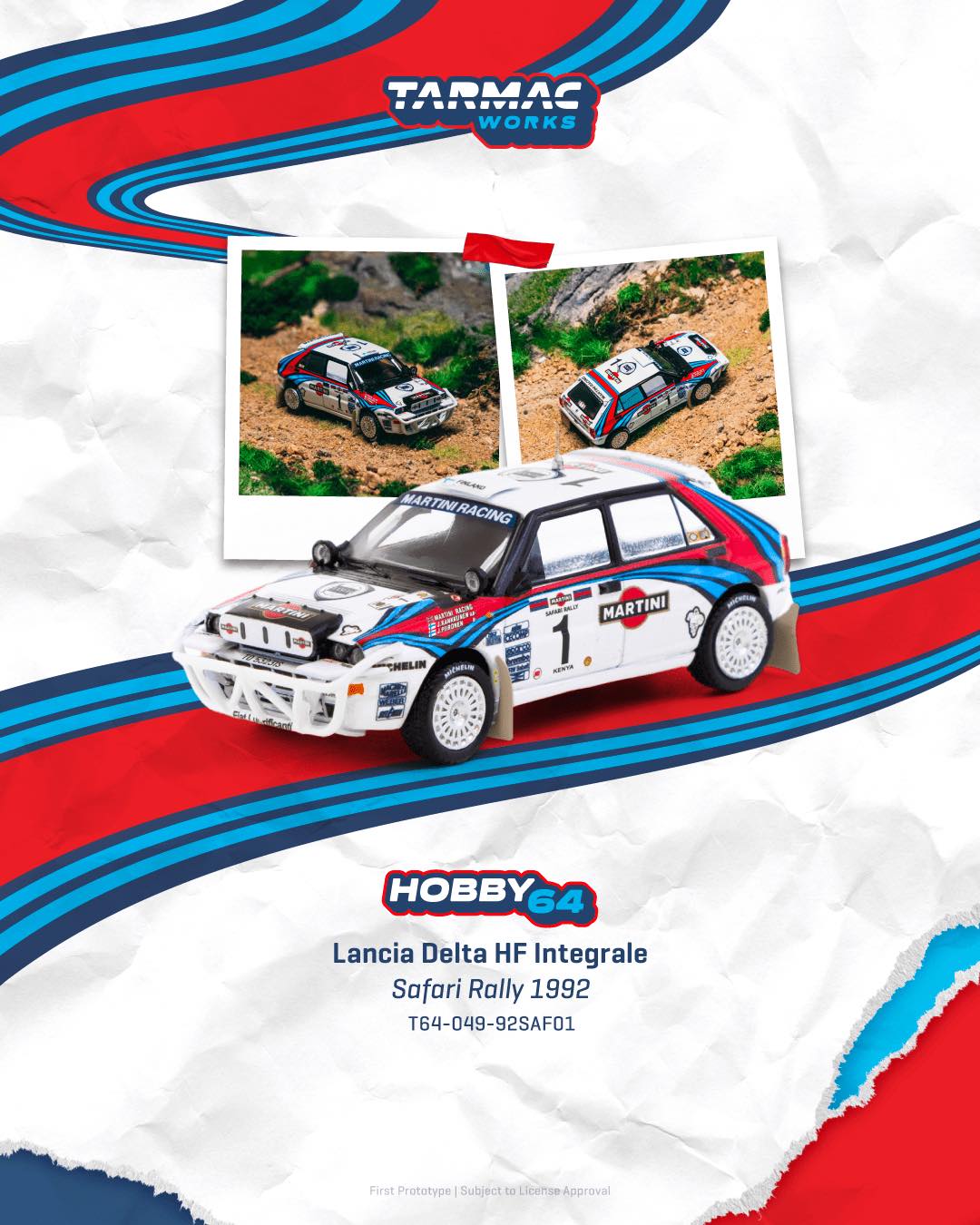1:64 Tarmac Works Lancia Delta HF Integrale #1 Juha Kankkunen Safari Rally 1992 – Martini livery die-cast rally model with display base.
