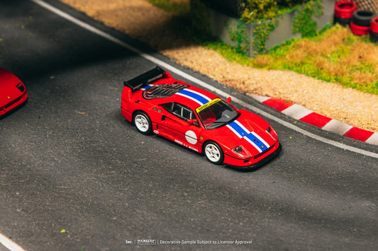 Tarmac Works 1:64 Ferrari F40 LM Rosso Corsa race version with stripe detail model in acrylic display case. Top