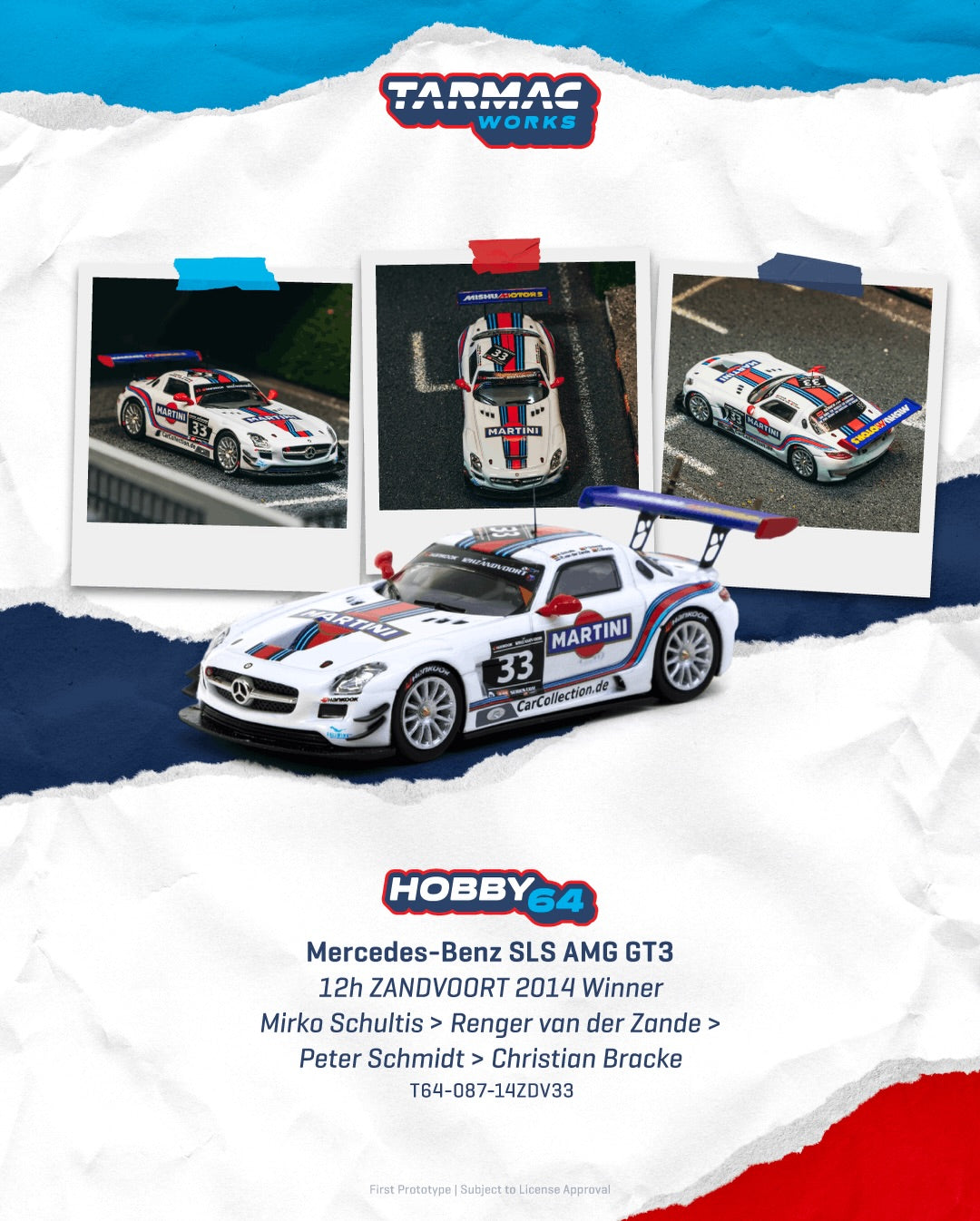 Tarmac Works 1:64 Mercedes-Benz SLS AMG GT3 #33 Martini livery Zandvoort winner model with display case