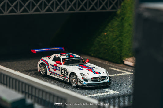Tarmac Works 1:64 Mercedes-Benz SLS AMG GT3 #33 Martini livery Zandvoort winner model with display case. Front