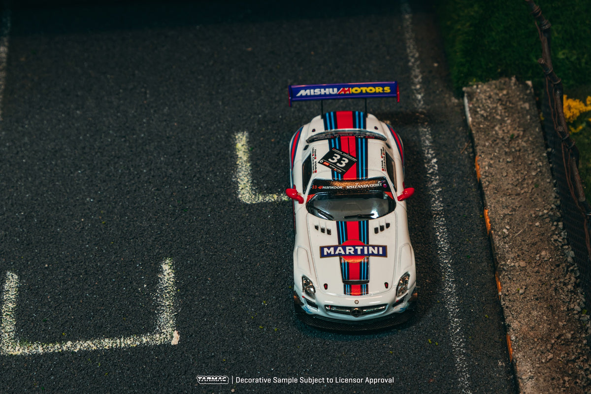 Tarmac Works 1:64 Mercedes-Benz SLS AMG GT3 #33 Martini livery Zandvoort winner model with display case. Top