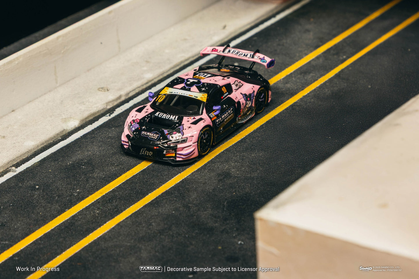 1:64 Tarmac Works Audi R8 LMS GT3 evo II #10 Adderly Fong 2024 Macau GT Cup with Uno Racing livery and trading cards. Front