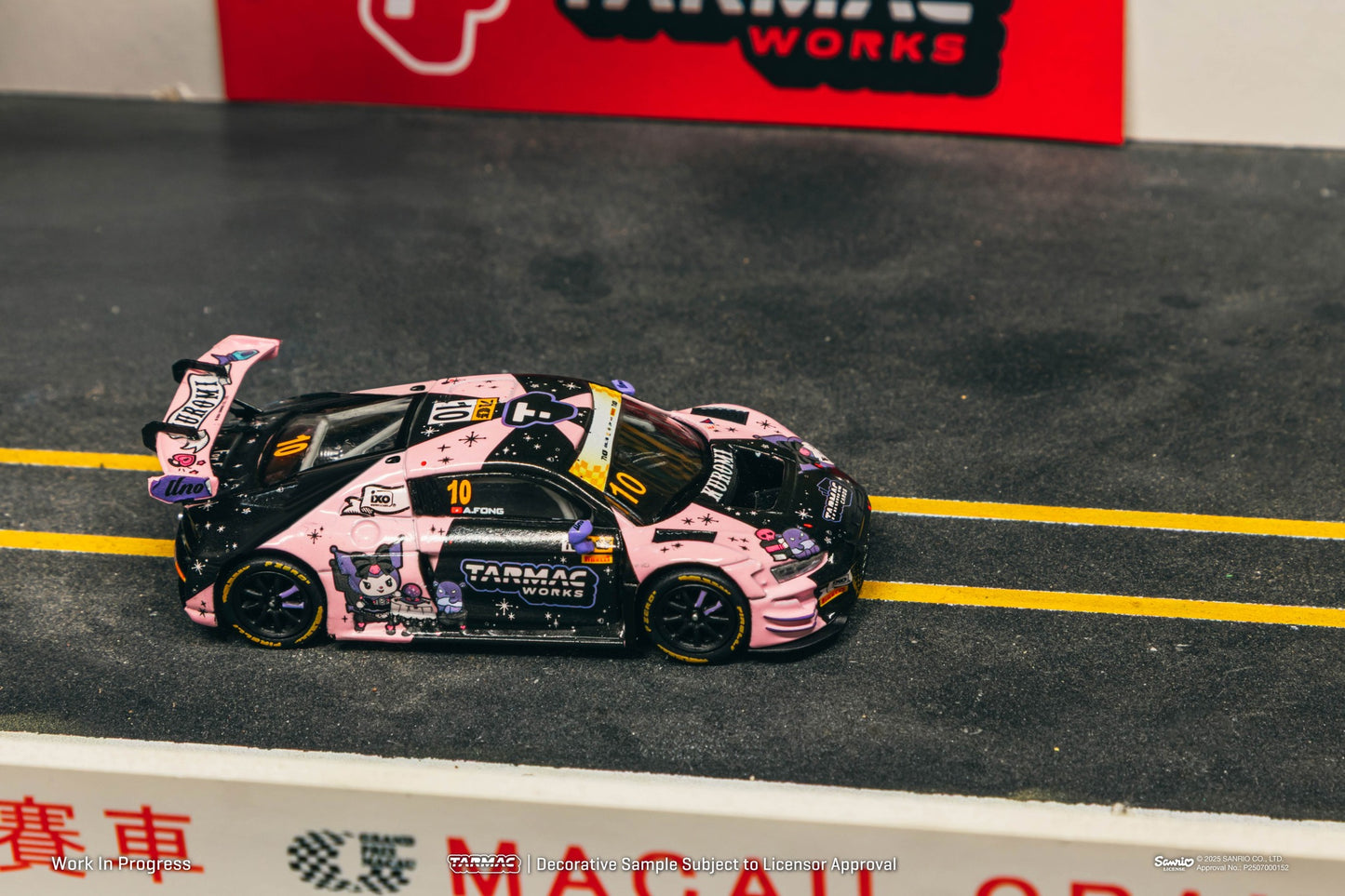 1:64 Tarmac Works Audi R8 LMS GT3 evo II #10 Adderly Fong 2024 Macau GT Cup with Uno Racing livery and trading cards. Side