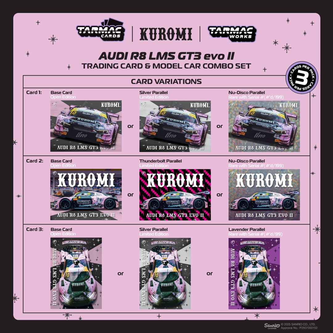 1:64 Tarmac Works Audi R8 LMS GT3 evo II #10 Adderly Fong 2024 Macau GT Cup with Uno Racing livery and trading cards. Cards