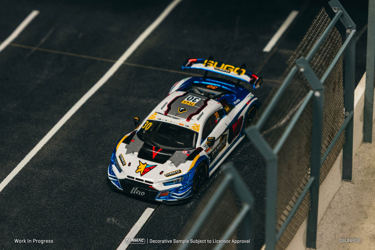 1:64 Tarmac Works Audi R8 LMS GT3 evo II James Yu 2024 Macau GT Cup in Uno Racing livery with trading cards and truck packaging. Top
