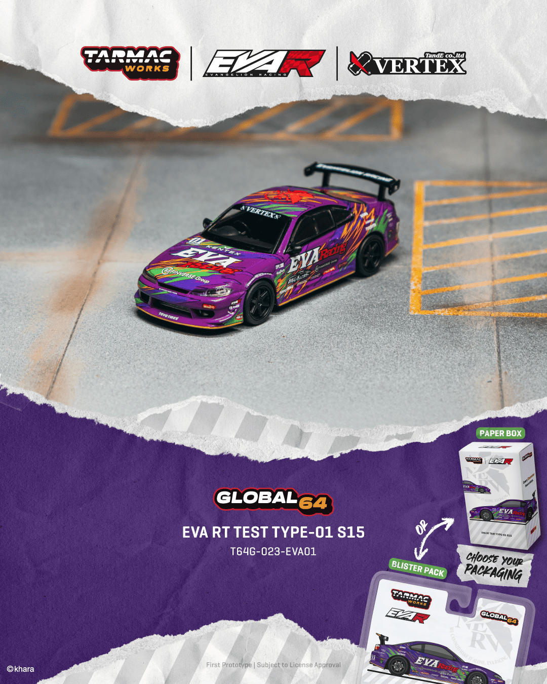 Tarmac Works Global64 Nissan Silvia S15 EVA RT Test Type-01 2025 in 1:64 scale with Evangelion Racing graphics