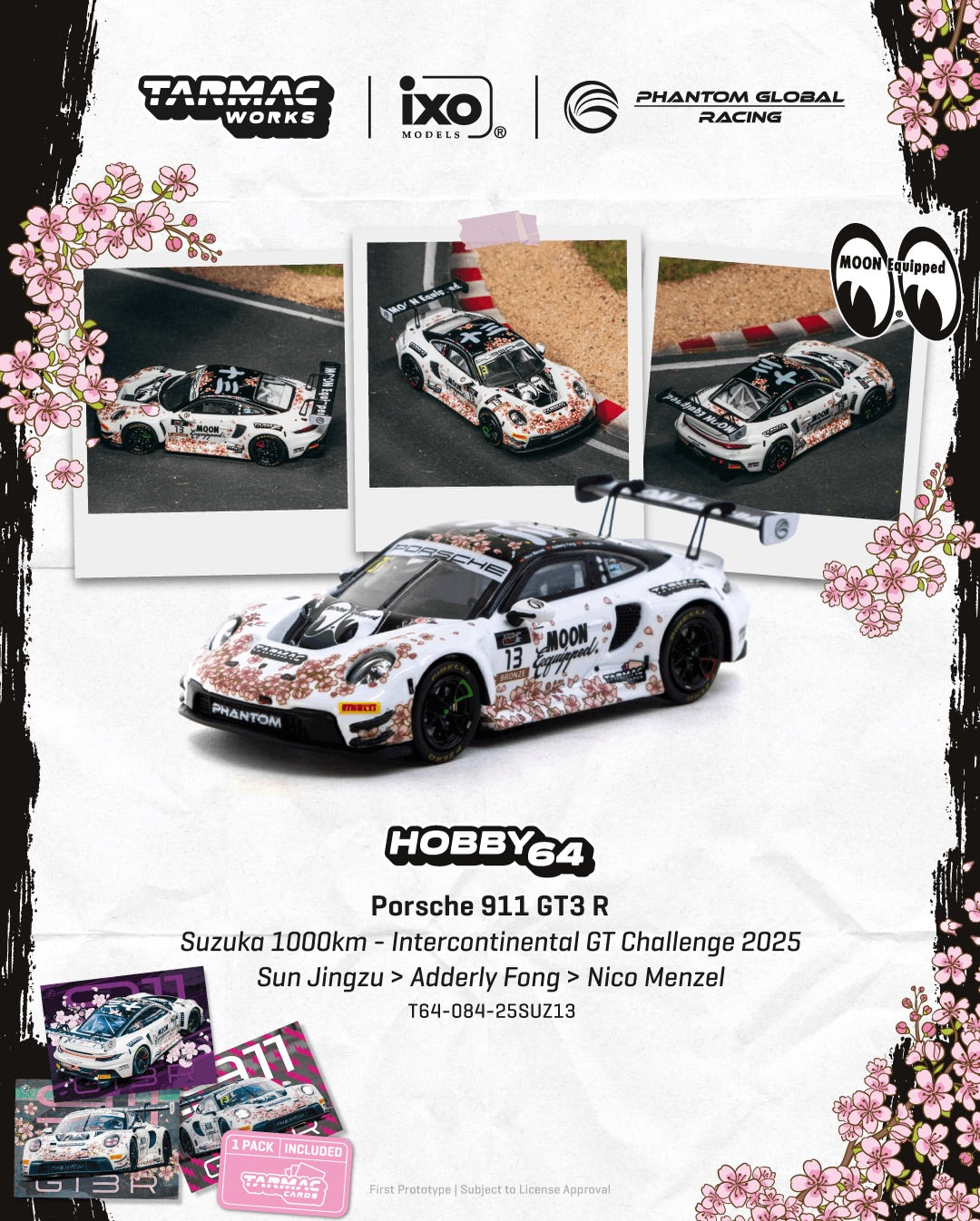 Tarmac Works 1:64 Porsche 911 992 GT3 R #13 Suzuka 1000km Mooneyes sakura livery model with trading cards