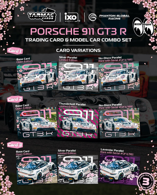 Tarmac Works 1:64 Porsche 911 992 GT3 R #13 Suzuka 1000km Mooneyes sakura livery model with trading cards. Cards