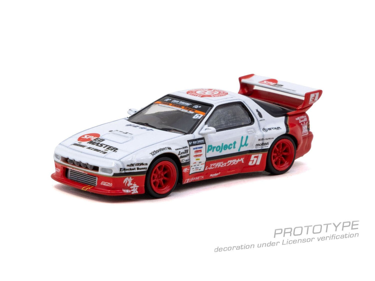 Tarmac Works 2026 Mazda RX-7 FC3S Pandem Masashi Watanabe in white and red, 1:64 Hobby64 model.