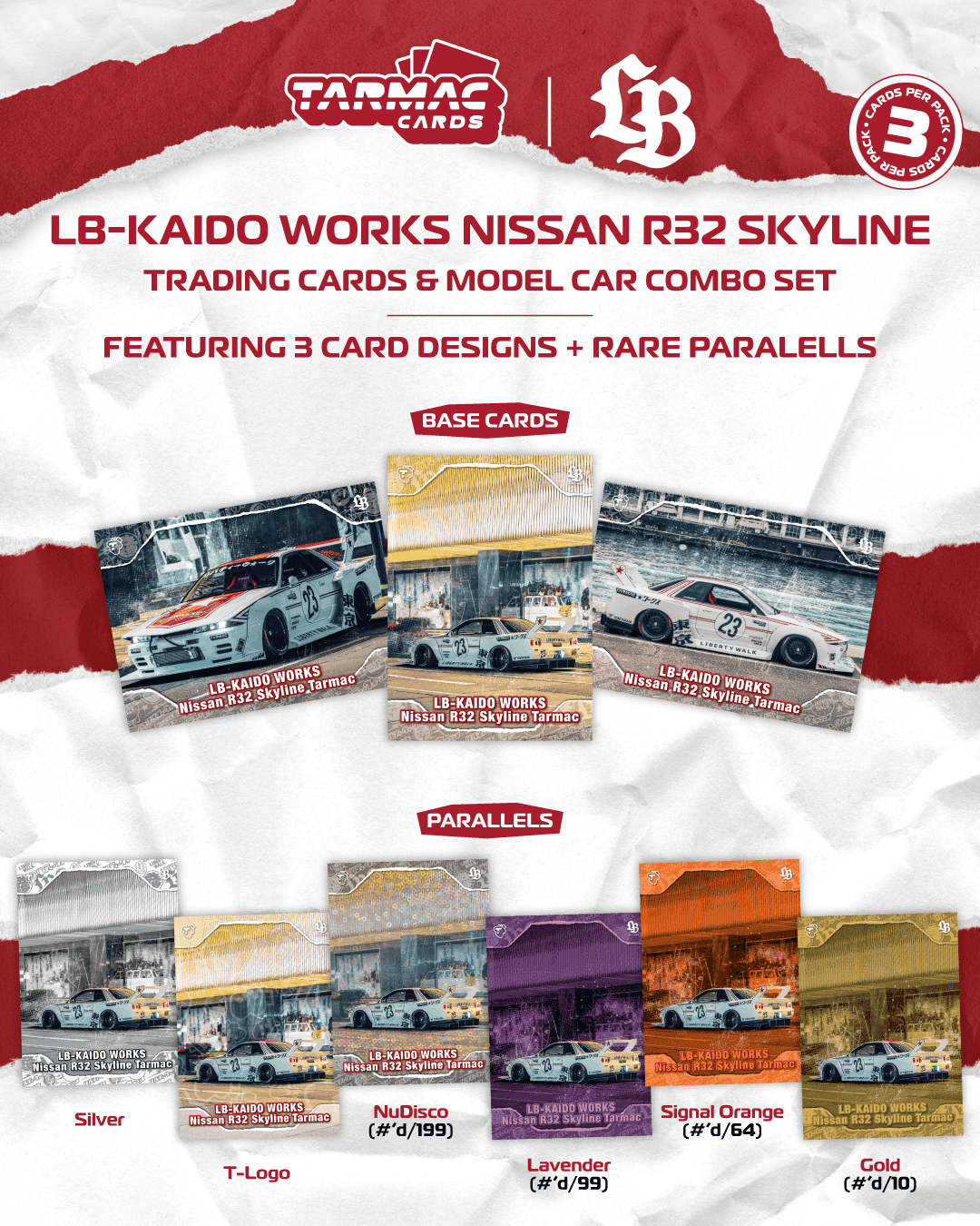 Tarmac Works 2026 Nissan Skyline R32 LB-Kaido Works Tarmac in white and red, a 1:64 Hobby64 model.