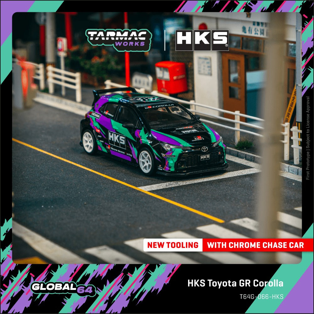 1:64 scale Tarmac Works HKS Toyota GR Corolla with iconic oil splash livery and widebody styling.