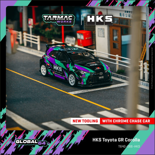 1:64 scale Tarmac Works HKS Toyota GR Corolla with iconic oil splash livery and widebody styling.