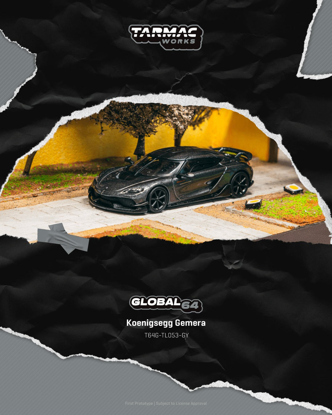 1:64 Tarmac Works Koenigsegg Gemera in grey, showcasing the hypercar’s sleek lines and detailed exterior features.