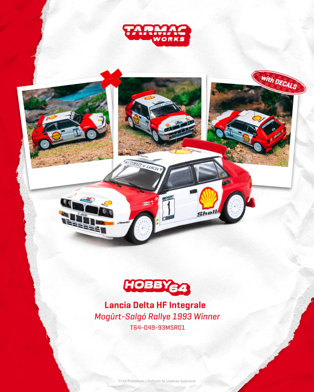 Tarmac Works 1:64 Lancia Delta HF Integrale Marlboro livery Mogürt–Salgó Rallye 1993 winning rally car.