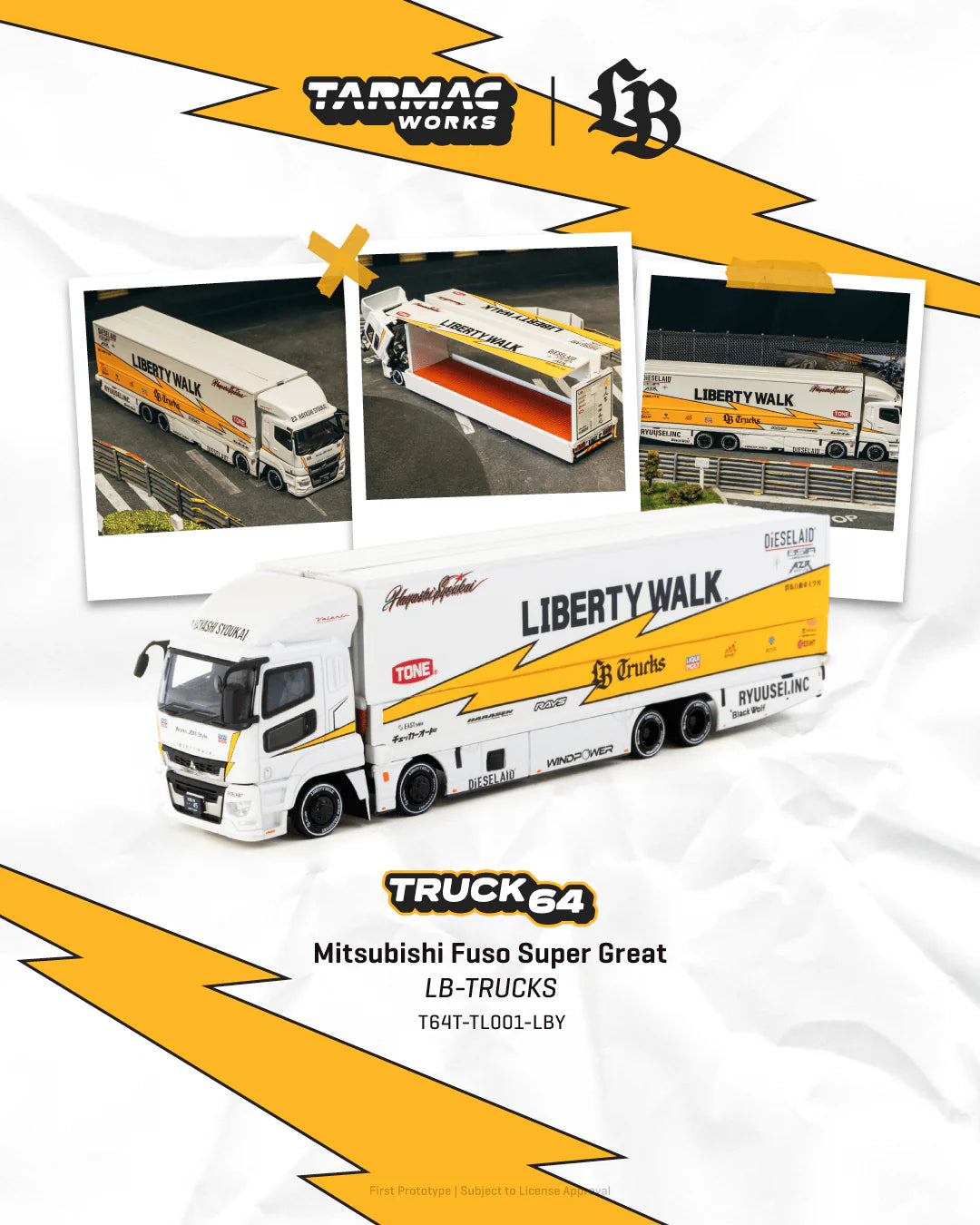 Tarmac Works 1:64 Mitsubishi Fuso Super Great LB-TRUCKS Liberty Walk custom truck model.