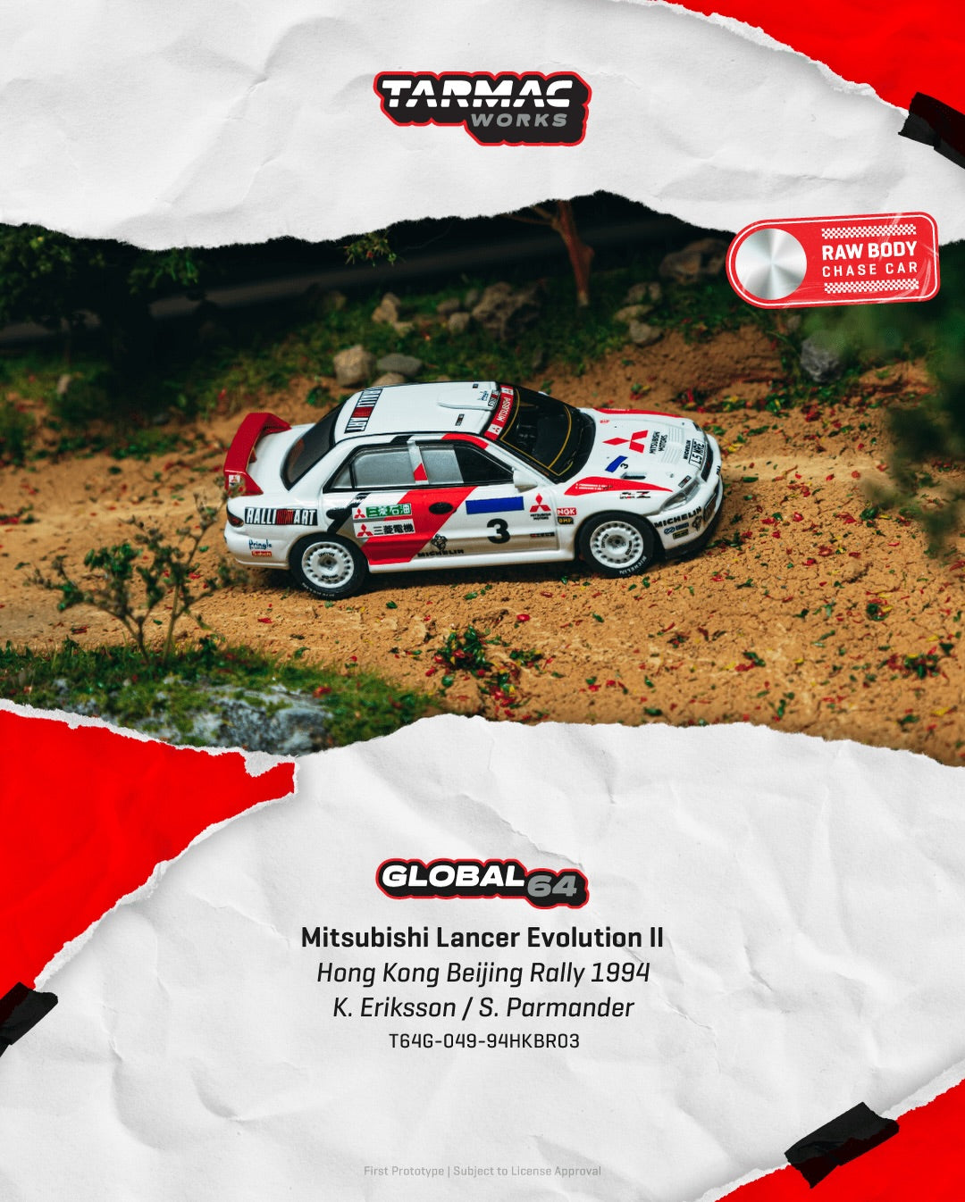Tarmac Works Mitsubishi Lancer Evolution II Hong Kong Beijing Rally 1994 Eriksson Parmander diecast 1:64