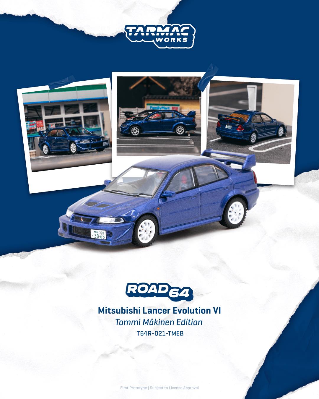 1:64 Tarmac Works Mitsubishi Lancer Evolution VI Tommi Mäkinen Edition Blue – JDM rally die-cast model.