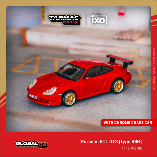 1:64 Tarmac Works Porsche 911 GT3 (996) die-cast model with detailed racing-inspired design.