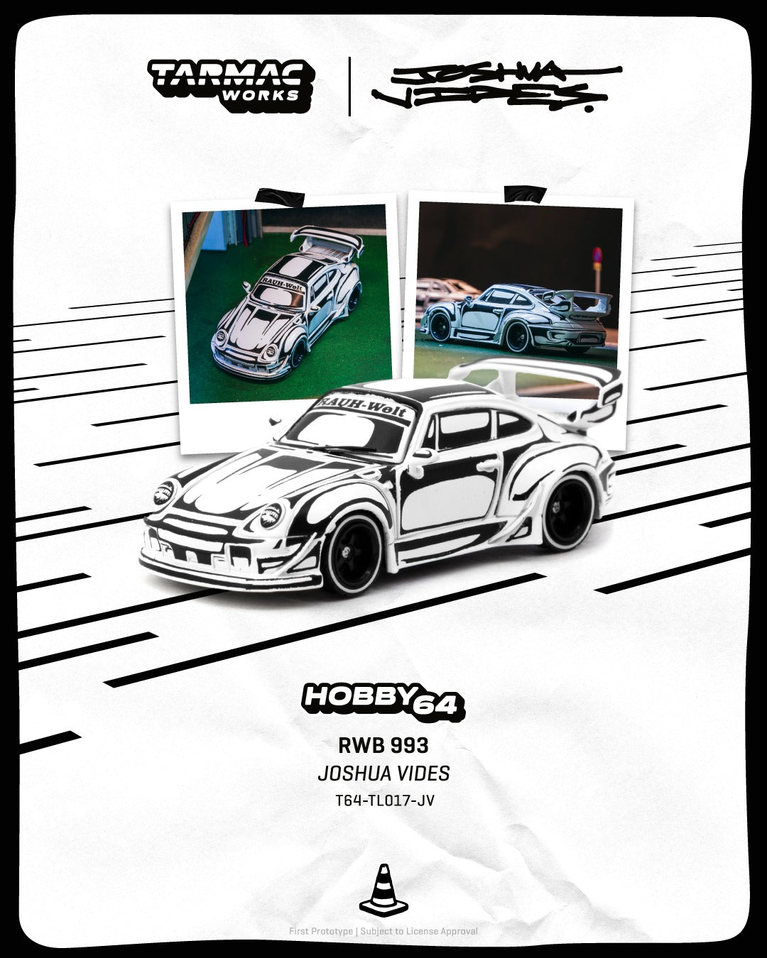 1:64 Tarmac Works RWB 993 Joshua Vides Hobby64 – black and white comic-style widebody Porsche die-cast model.