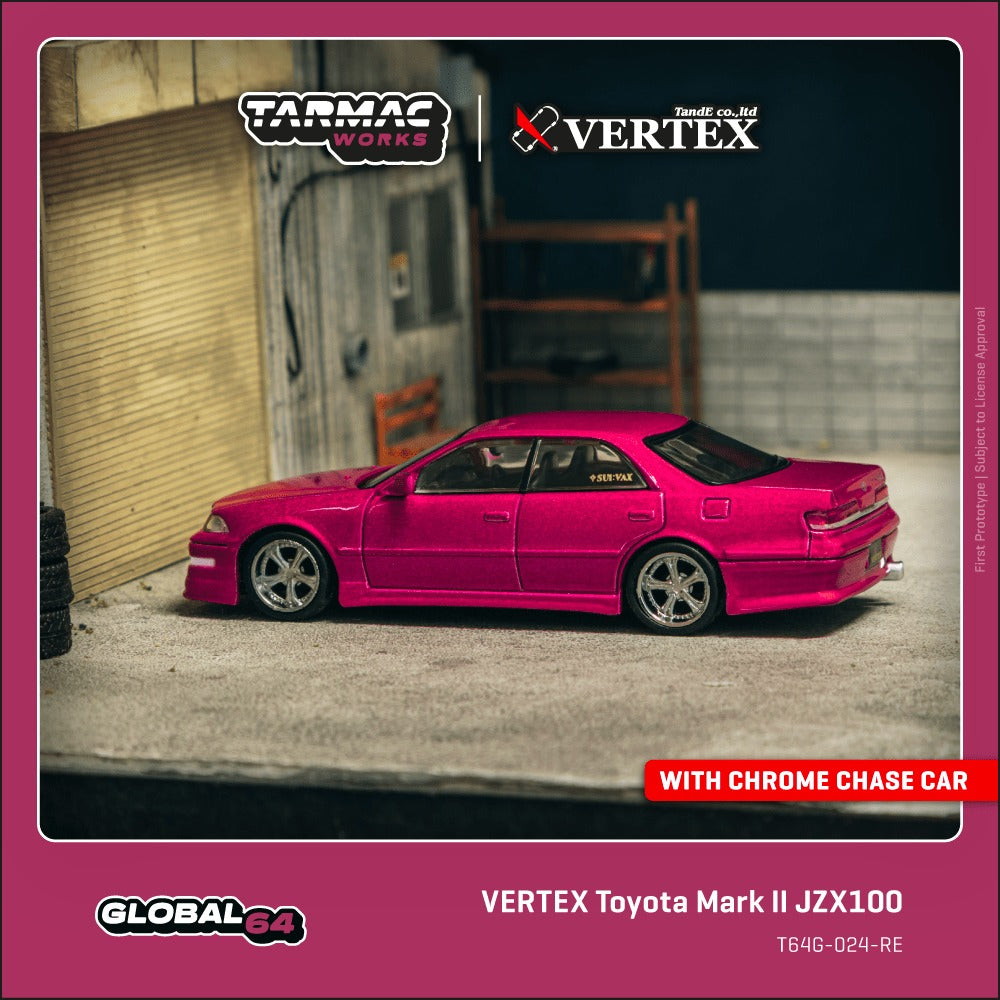 1:64 Tarmac Works VERTEX Toyota Mark II JZX100 die-cast model in detailed JDM drift styling.