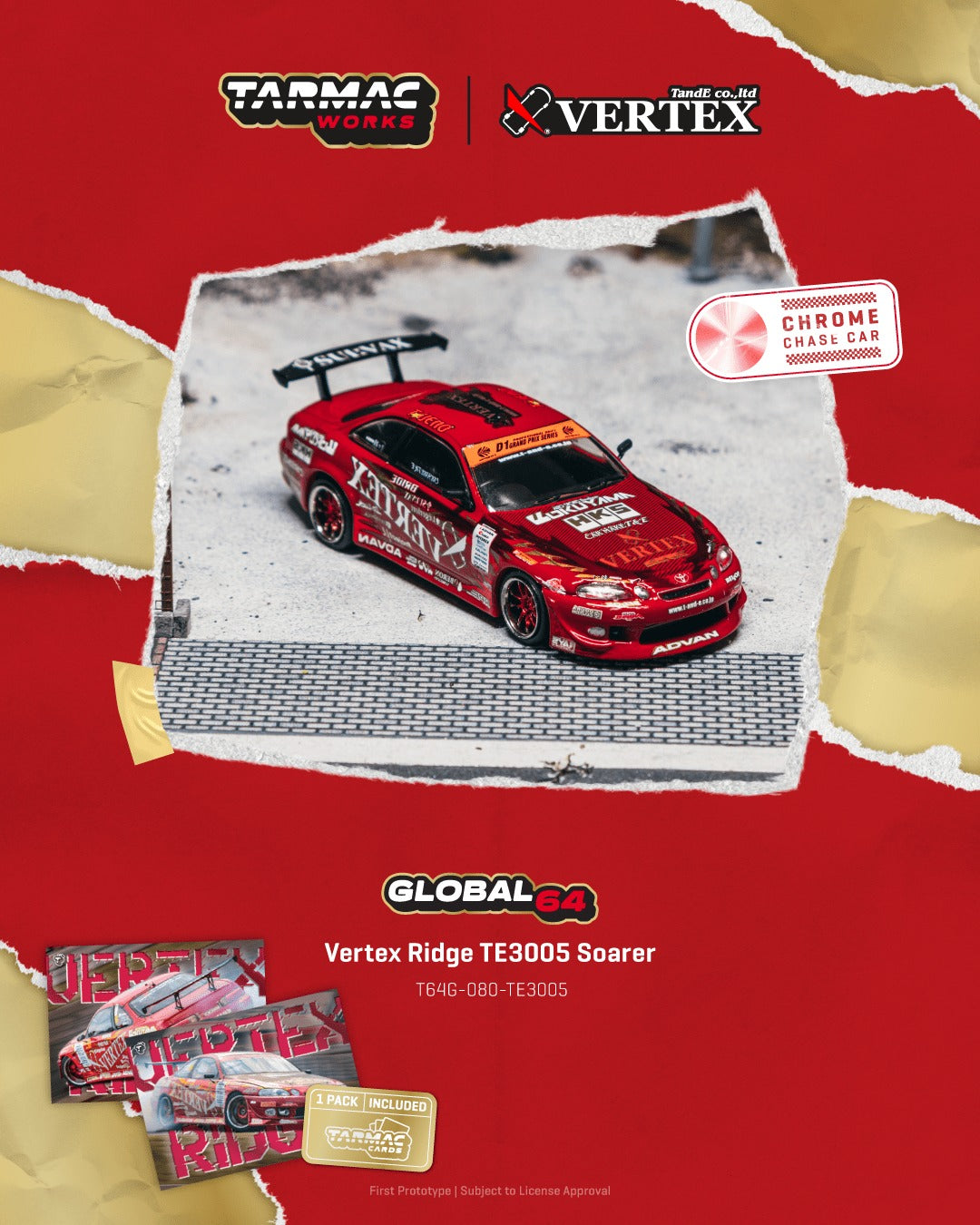 1:64 Tarmac Works Vertex Ridge TE3005 Soarer in red, widebody kit, detailed wheels and lights, part of a Combo Set with collectible trading cards. Poster