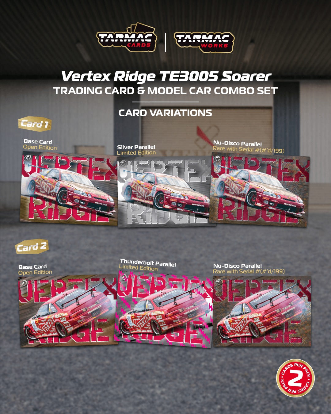 1:64 Tarmac Works Vertex Ridge TE3005 Soarer in red, widebody kit, detailed wheels and lights, part of a Combo Set with collectible trading cards. Cards