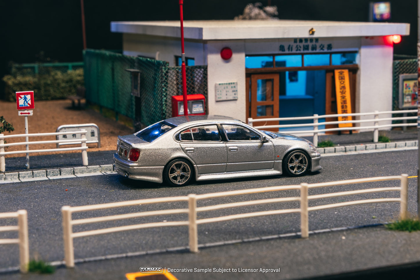 1:64 scale Tarmac Works Vertex Toyota Aristo JZS161, new tooling featuring Vertex aero kit, detailed headlights, wheels, and authentic VIP-style stance. Back