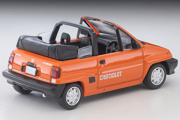 Tomica Limited Vintage NEO 1984 Honda City Cabriolet in orange, 1:64 scale with detailed open body and interior