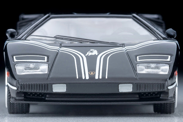 Tomica Limited Vintage Lamborghini Countach LP500R in black with white stripes, 1:64 scale and opening doors