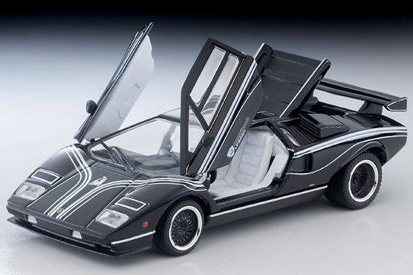 Tomica Limited Vintage Lamborghini Countach LP500R in black with white stripes, 1:64 scale and opening doors