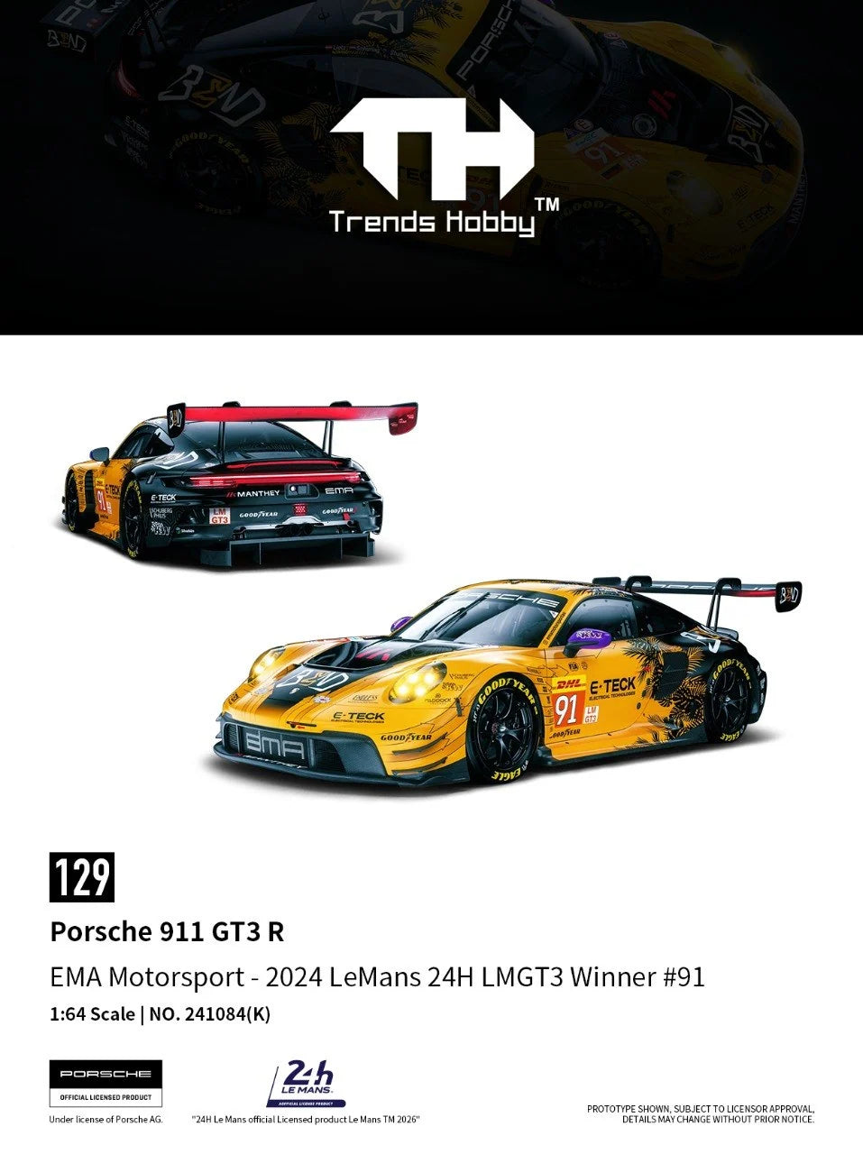 Trends Hobby 1:64 Porsche 911 GT3 R #91 in yellow EMA Motorsport livery, winner of the 2024 Le Mans LMGT3 class.