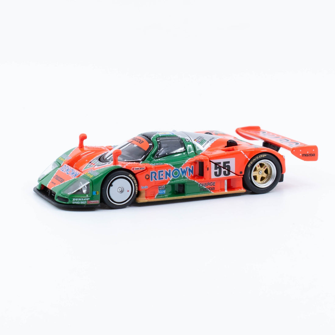 POP Race Mazda 787B Renown #55 in 1:64 with orange and green livery, detailed rotary engine, removable hoods and racing wheels
