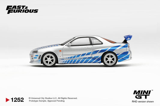 Mini GT Nissan Skyline GT-R R34 CWest from 2 Fast 2 Furious with Brian O'Conner 2003 movie livery in blister packaging.