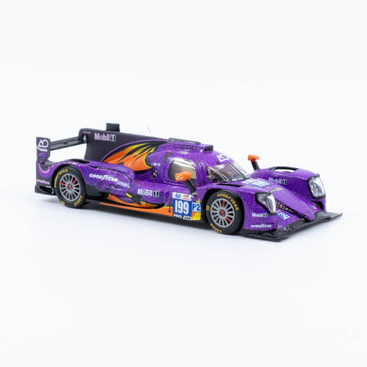 Spark Oreca 07 No. 199 Spike with purple dragon livery, Goodyear tires, detailed aero and large AO Racing rear wing in 1:64 scale