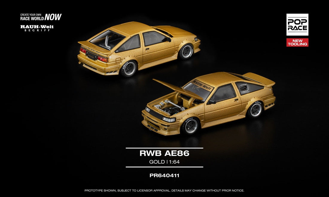 POP Race RWB AE86 Gold 1:64 diecast model with widebody stance and premium Rauh-Welt-inspired detailing.