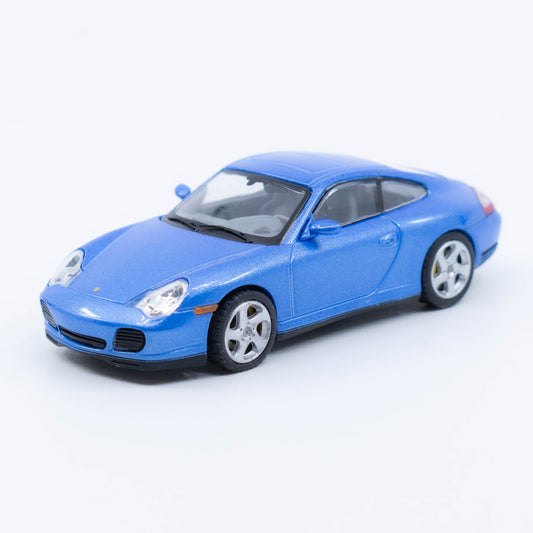 Jiyi Model Porsche 996 Sally Special Edition in blue, displayed on a numbered base and acrylic case