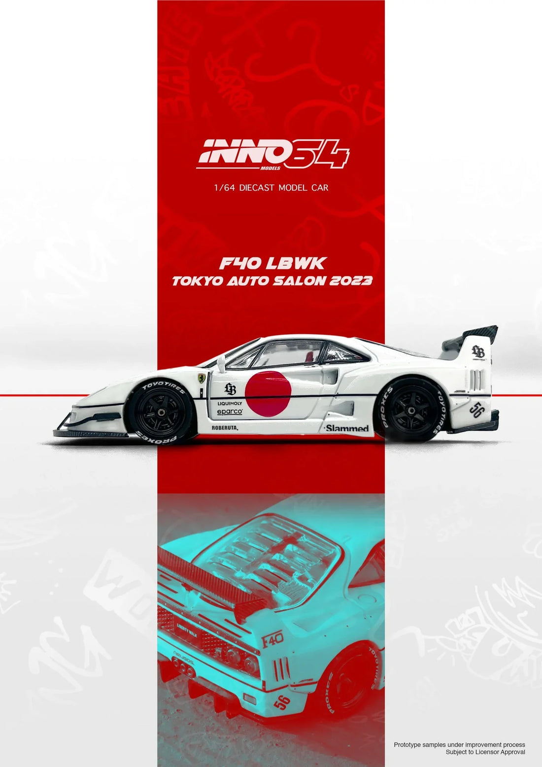 NNO64 Ferrari F40 LBWK Tokyo Salon 1:64 diecast model with widebody kit and Liberty Walk styling.