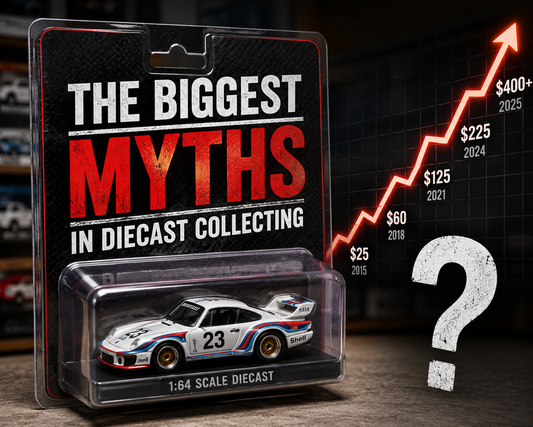 The Biggest Myths in Diecast Collecting – sealed 1:64 diecast model in blister packaging with rising price graph and question mark representing common collecting and investment misconceptions.
