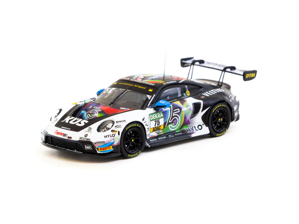 1:64 scale Tarmac Works Porsche 911 GT3 R DTM 2023, driven by Ayhancan Güven, featuring race‑accurate livery and fine detailing.