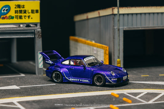 Metallic purple RWB 993 ARMY GIRL 1:64 scale by Tarmac Works with wide-body design.