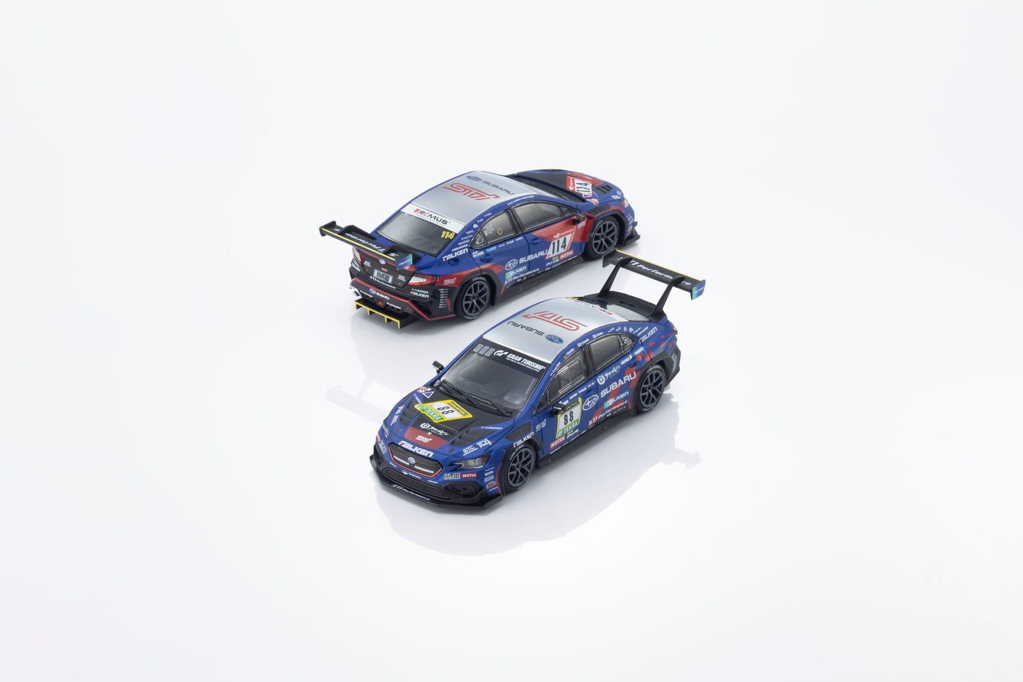 Kyosho 1:64 Subaru WRX STI NBR 2024 MOTN model with activated headlights and taillights.