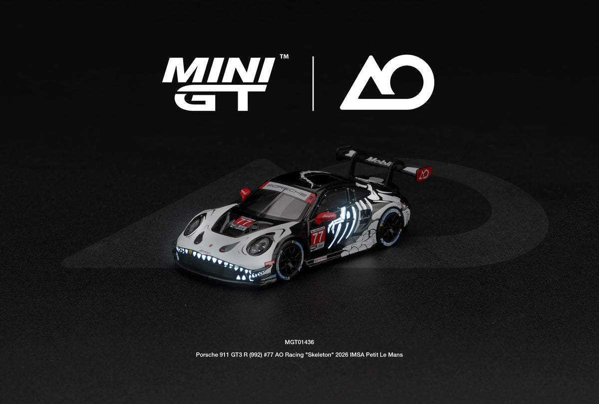 Mini GT Porsche 911 992 GT3 R number 77 AO Racing Skeleton Rexy Petit Le Mans 2026, 1:64 model