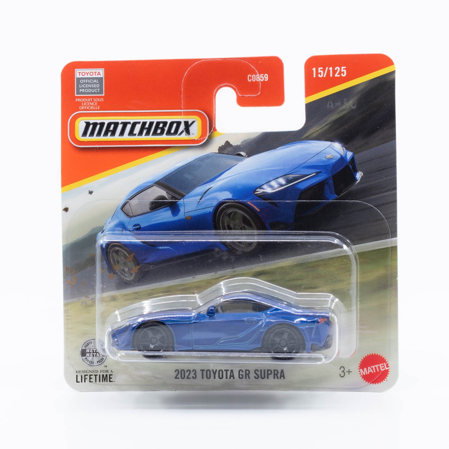 1:64 scale 2023 Toyota GR Supra blue modern Japanese sports car die-cast model.